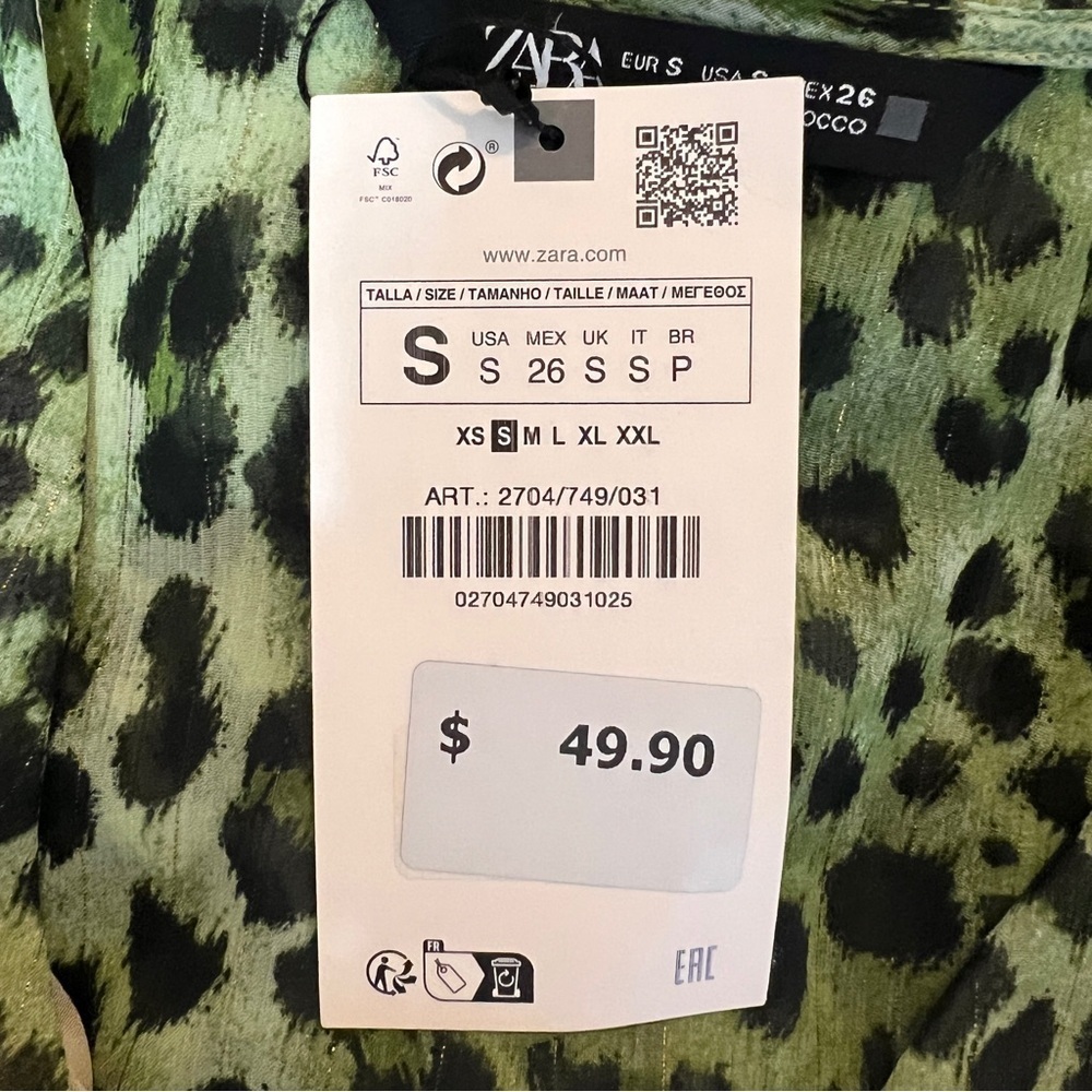 Zara Olive/Black Animal Print Long Sleeve Dress NWT Size Small - Picture 5 of 7